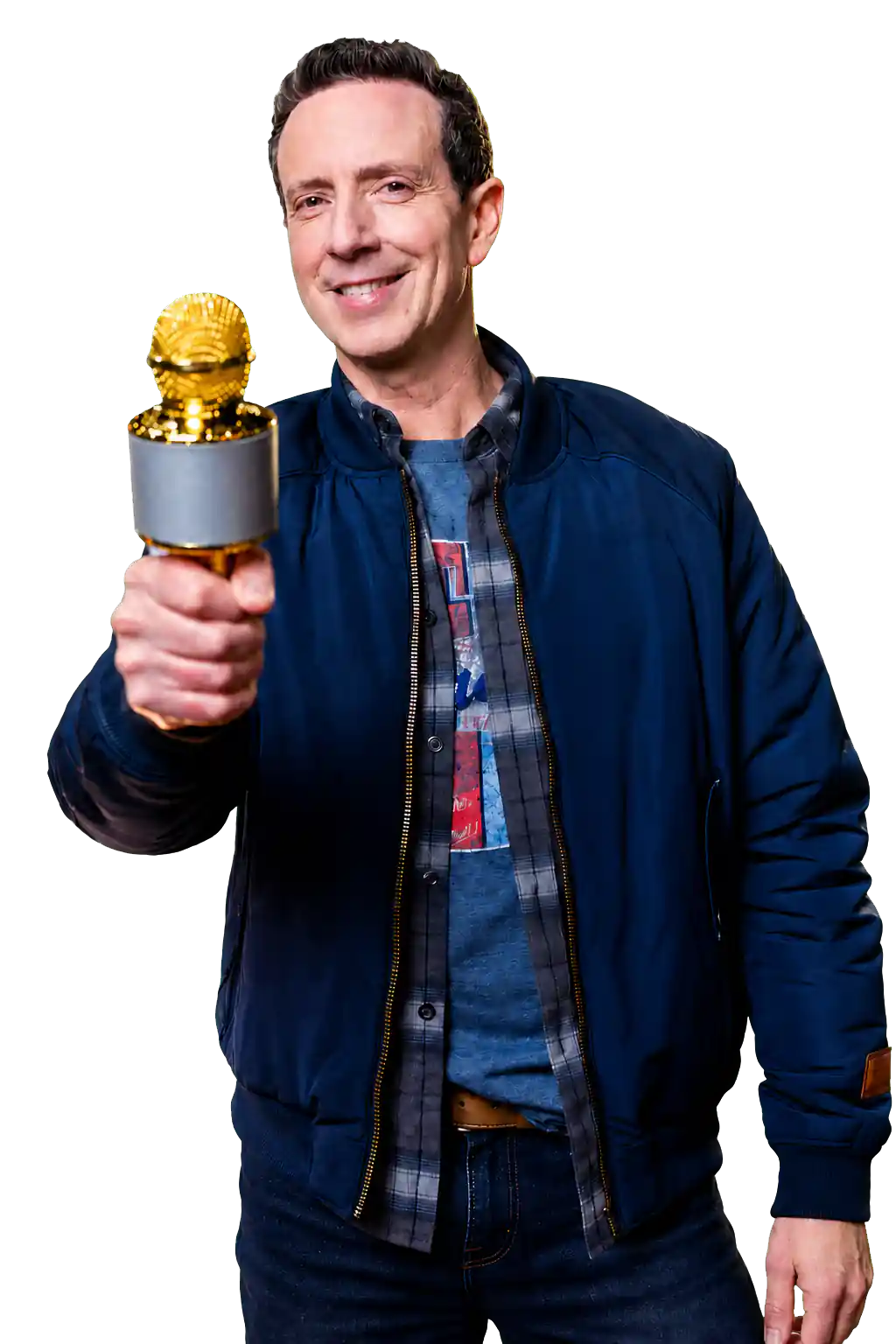 Adam Growe smiling and holding a gold karaoke microphone
