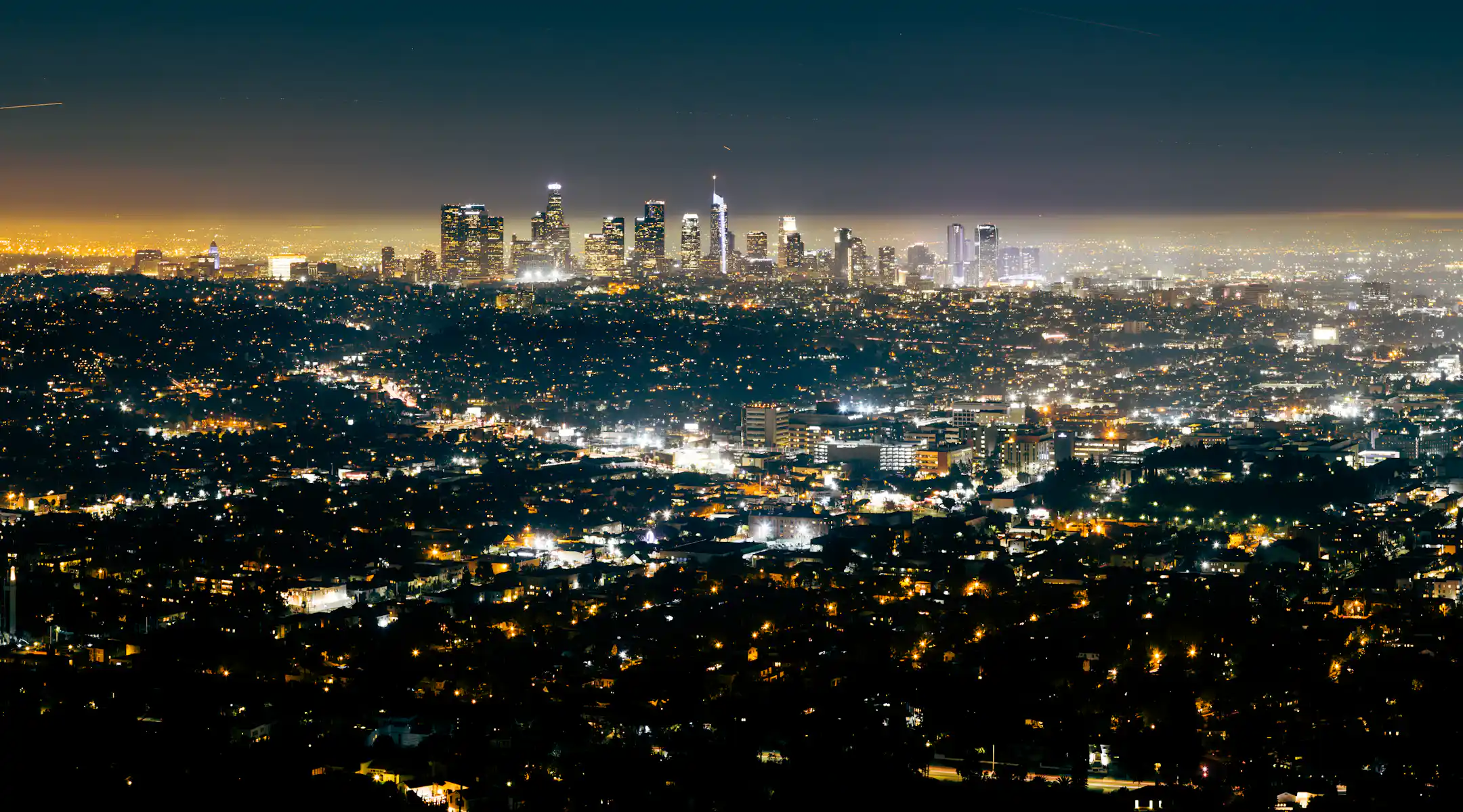 A city skyline at night