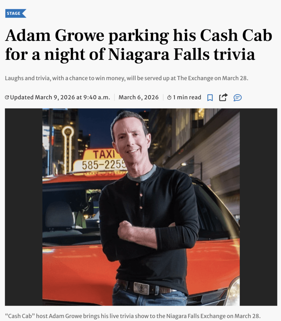 Adam Growe Quiz Show, Niagara Falls Review Article Cover
